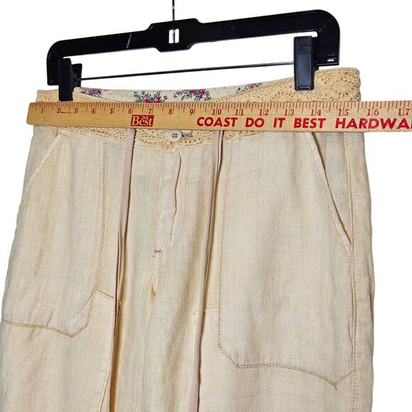 Anthropologie Hei Hei Linen-Blend Wide-Leg Pants Yellow Floral Accents 27 Lace - Picture 7 of 10